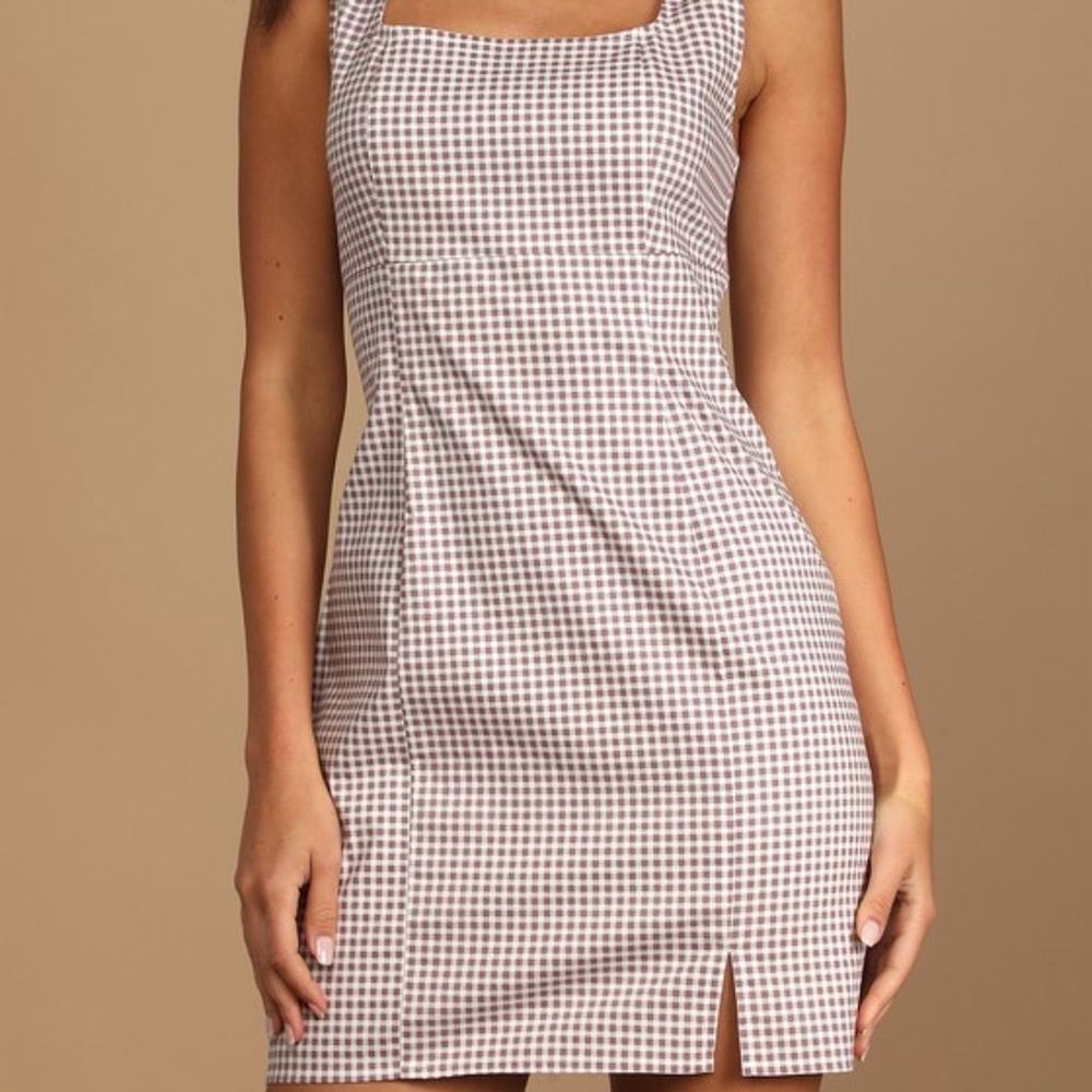 Lulus Happy Chance Purple Gingham Square Neck Mini Dress - Size S
